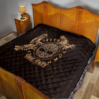 Black quilt on a bed with gold Celtic raven skull design, diamond quilting, 'Your Text'.
