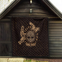 Black quilt panel with gold Celtic raven skull artwork and diamond quilting, 'Your Text'.