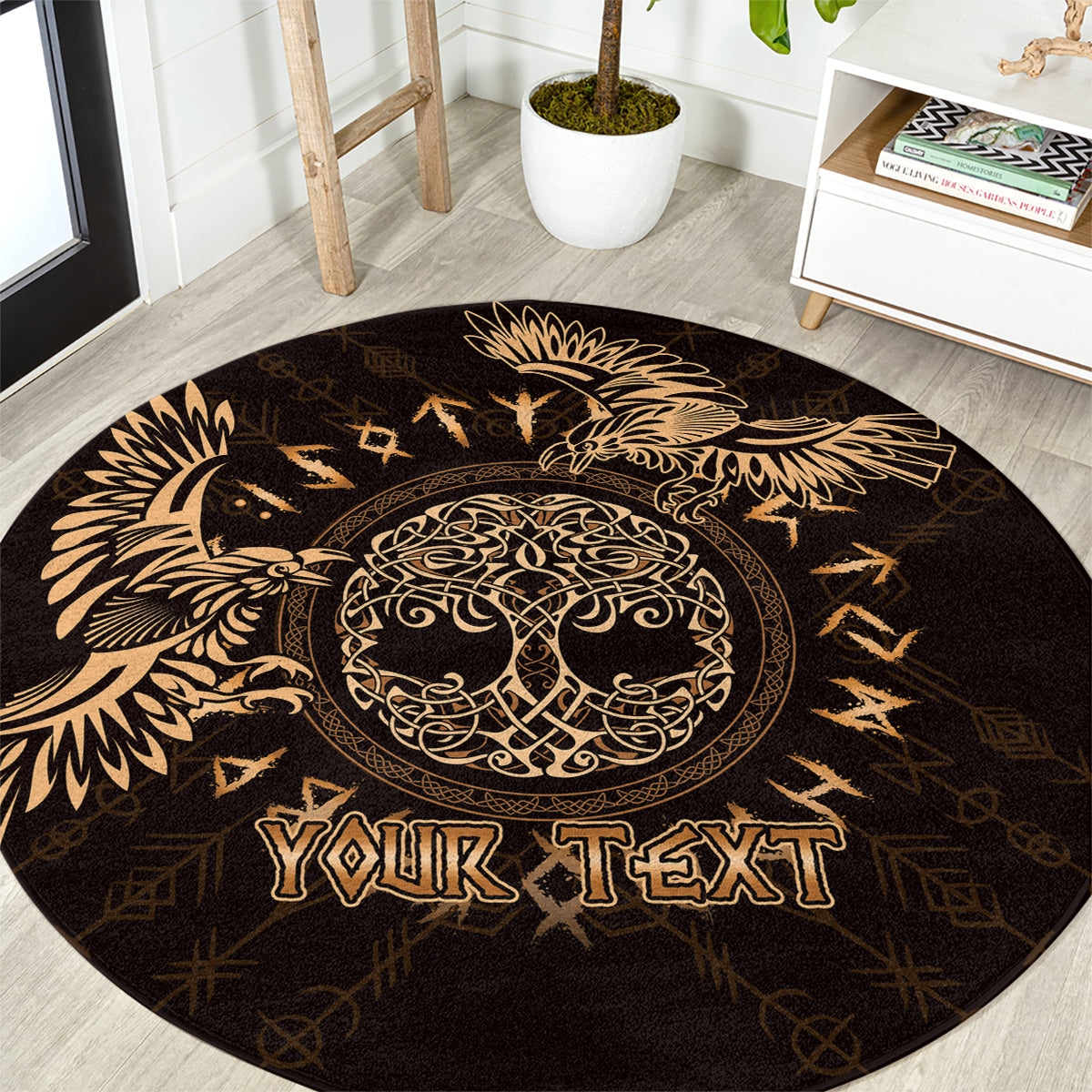 Round black and gold celtic raven round carpet with your text center design