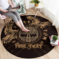Round black and gold celtic raven carpet with your text, styled underfoot