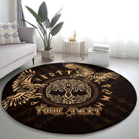 Round black and gold celtic raven carpet with your text in a bright living room