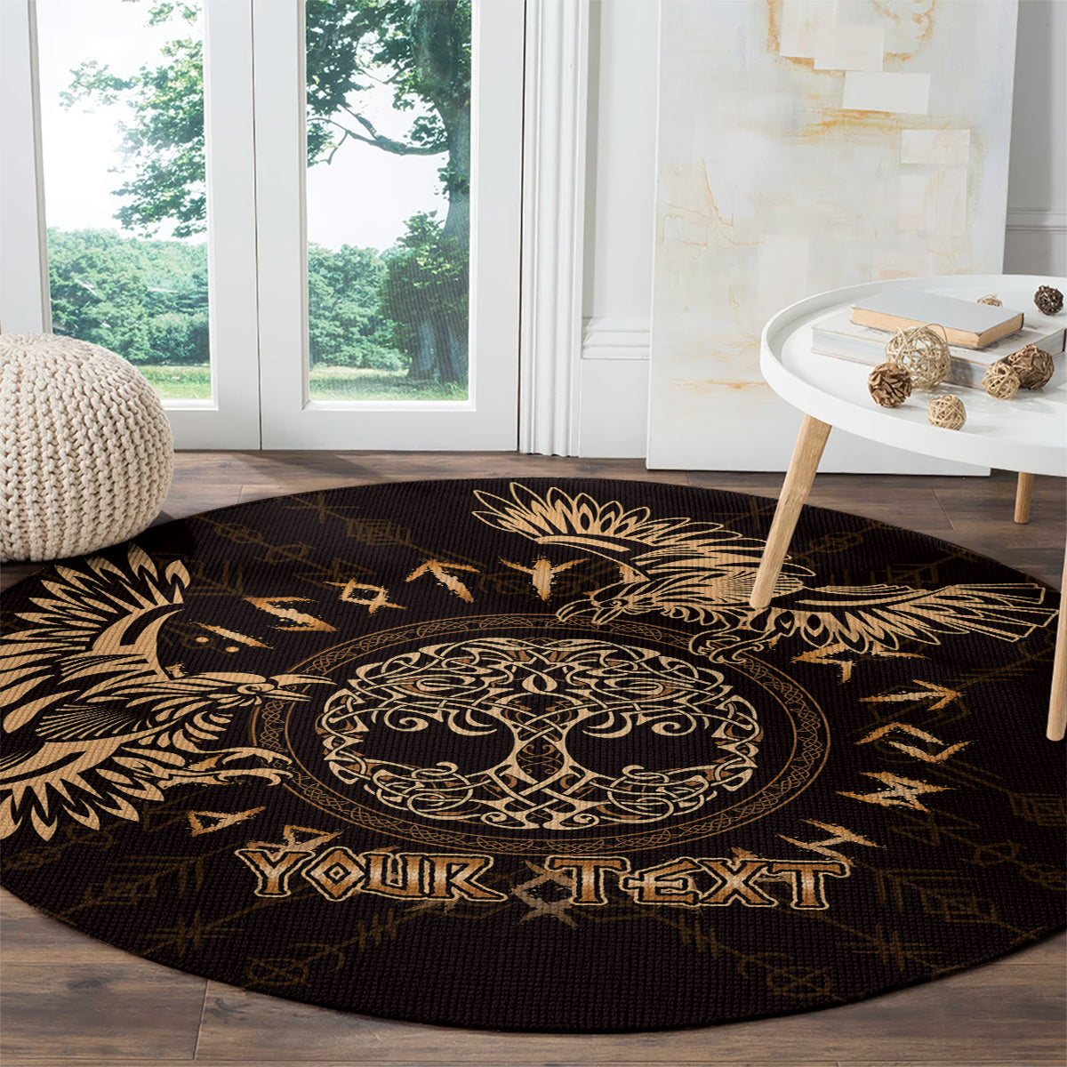 Round black and gold celtic raven carpet with your text near the coffee table