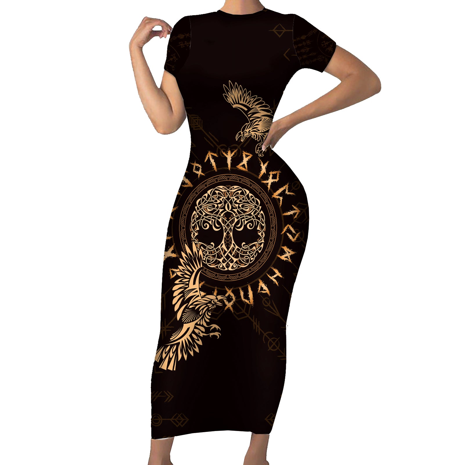 Personalized Odin's Celtic Raven Short Sleeve Bodycon Dress Gold Scandinavian Tattoo