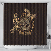 Dark brown shower curtain with gold raven crest, Celtic circle knot design and “Your Text”