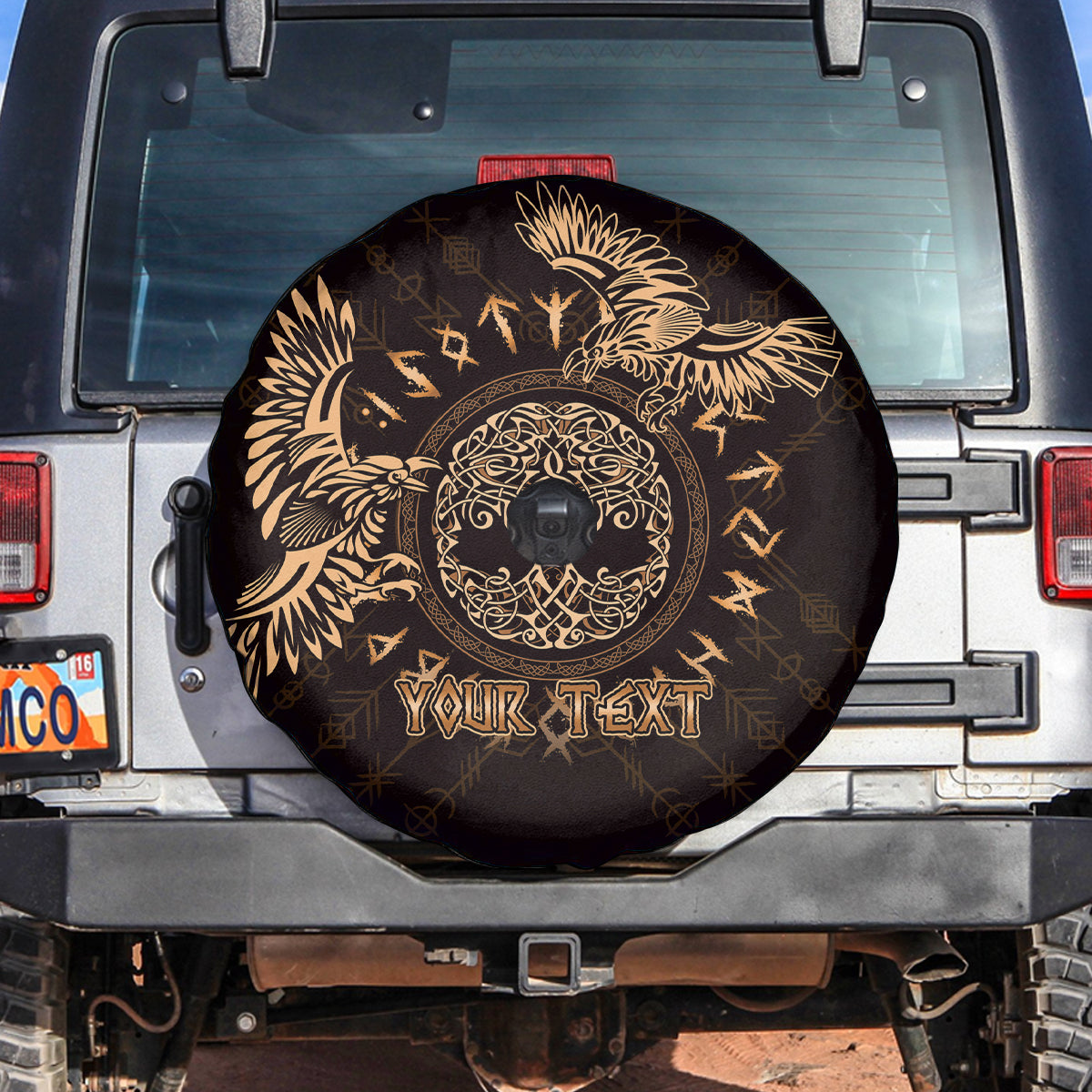 Personalized Odin's Celtic Raven Spare Tire Cover Gold Scandinavian Tattoo