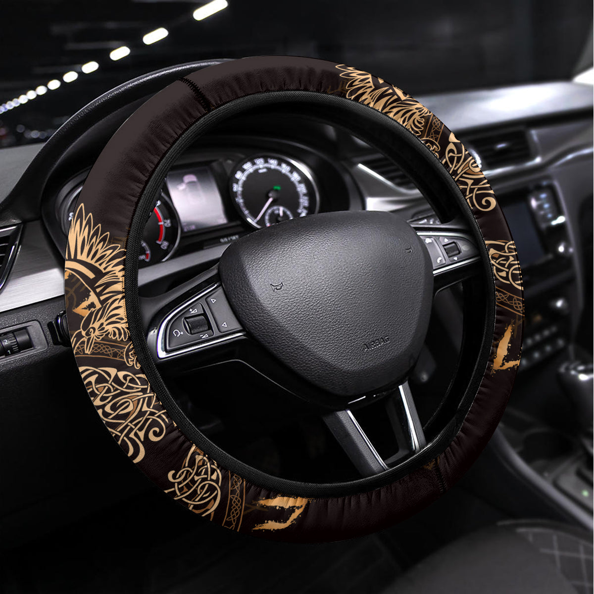 Odin's Celtic Raven Steering Wheel Cover Gold Scandinavian Tattoo