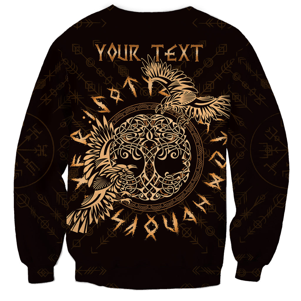 Unisex dark sweatshirt with gold “YOUR TEXT” and Celtic raven knot design on back
