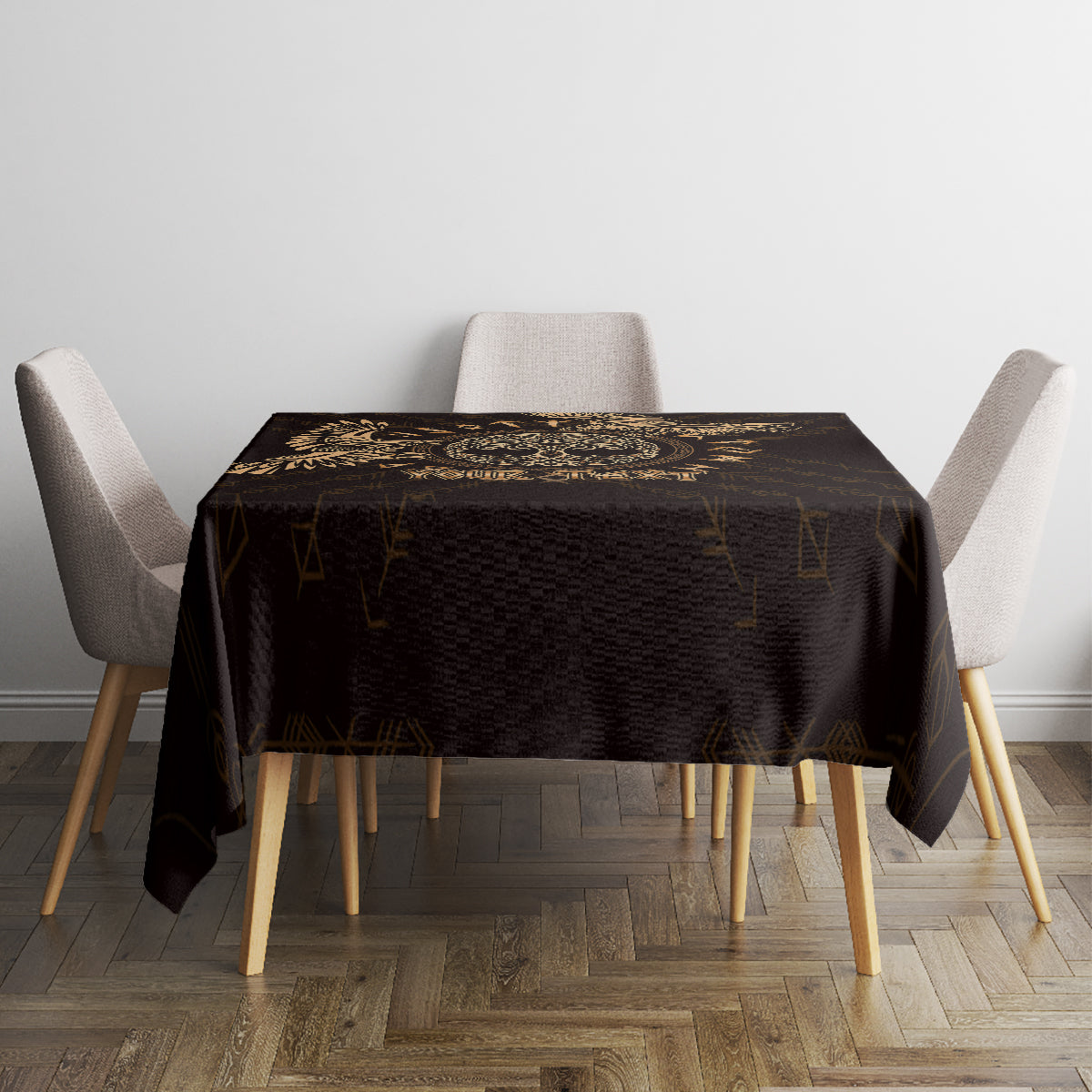 Personalized tablecloth, black with gold Celtic raven motif, on square dining table with chairs
