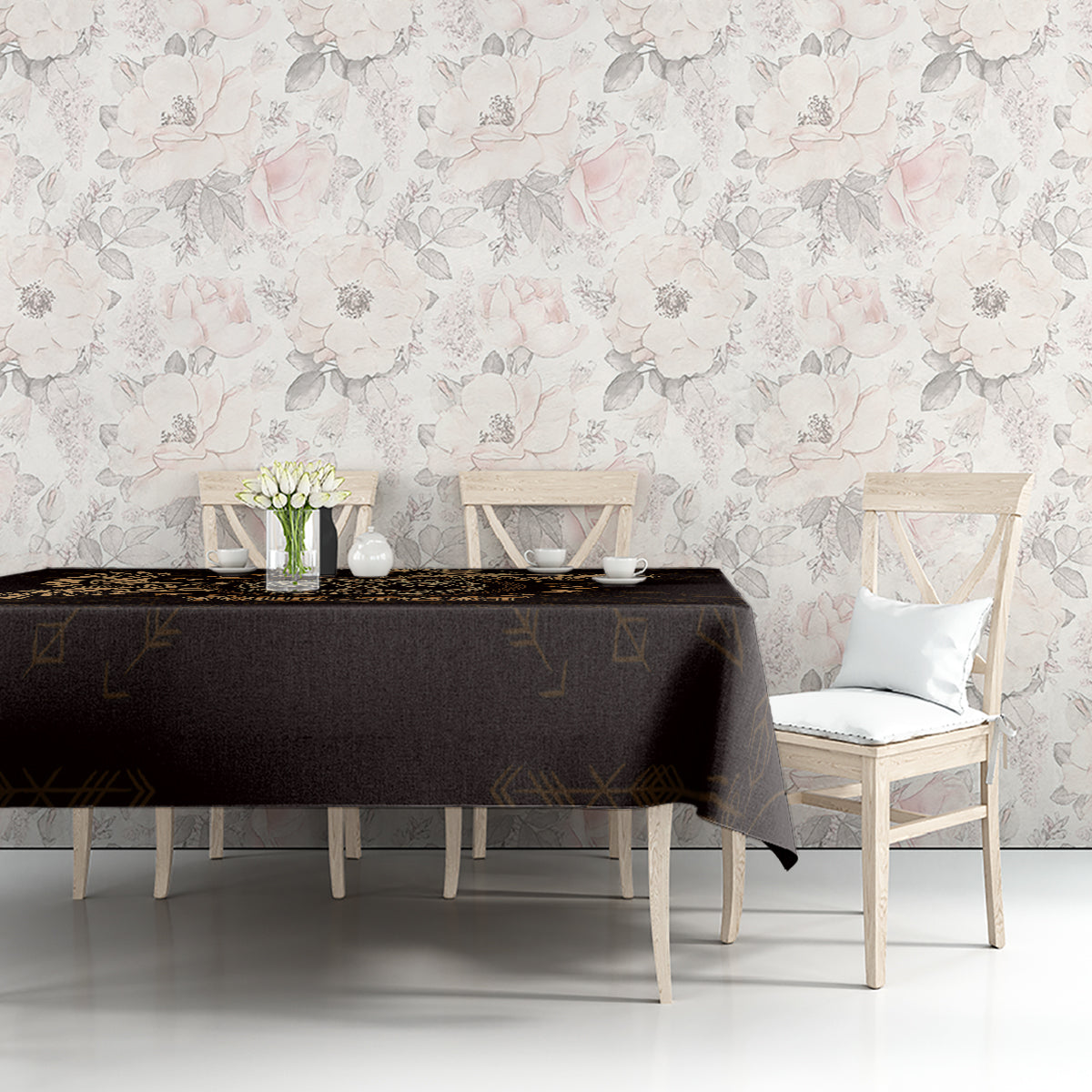 Personalized tablecloth, black with gold Nordic pattern, on sofa table against floral wallpaper
