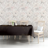 Personalized tablecloth, black with gold Nordic pattern, on sofa table against floral wallpaper