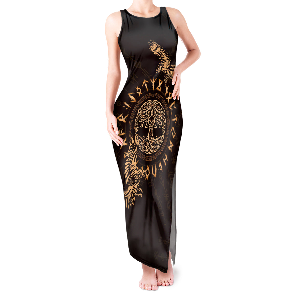 Personalized Odin's Celtic Raven Tank Maxi Dress Gold Scandinavian Tattoo