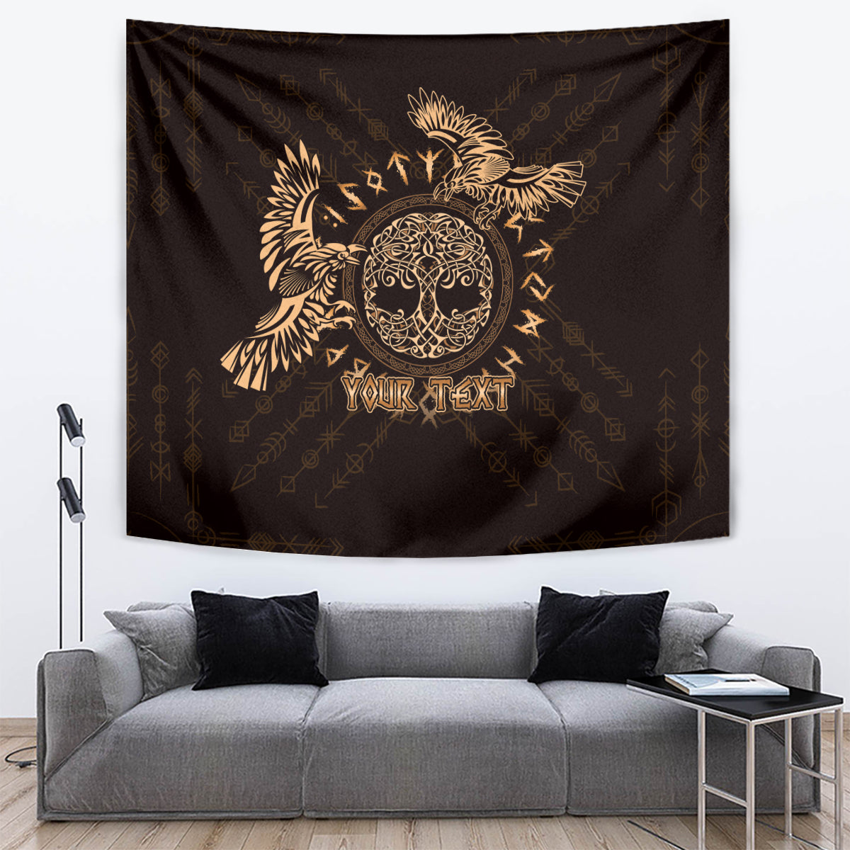 Personalized Odin's Celtic Raven Tapestry Gold Scandinavian Tattoo