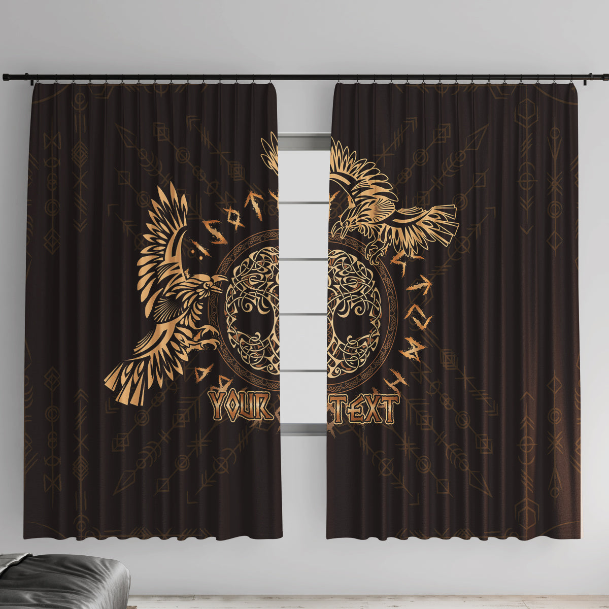 Personalized Odin's Celtic Raven Window Curtain Gold Scandinavian Tattoo