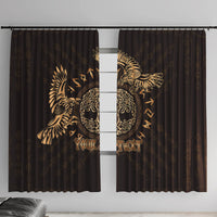 Dark window curtain panels with gold Celtic bird art and 'Your Text' center