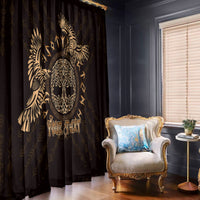Dark window curtain with gold Celtic raven artwork and 'Your Text' near armchair