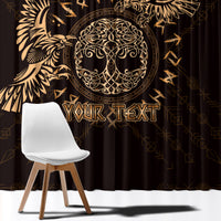 Close-up dark curtain with gold circular raven symbol and 'Your Text' lettering