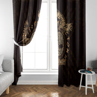 Dark window curtain with gold raven motif beside white-framed door and chair