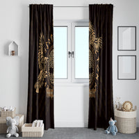 Pair of dark window curtains with gold Celtic bird artwork, floor-to-ceiling drape