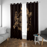 Dark window curtain set with gold raven design, hung on rod with hooks