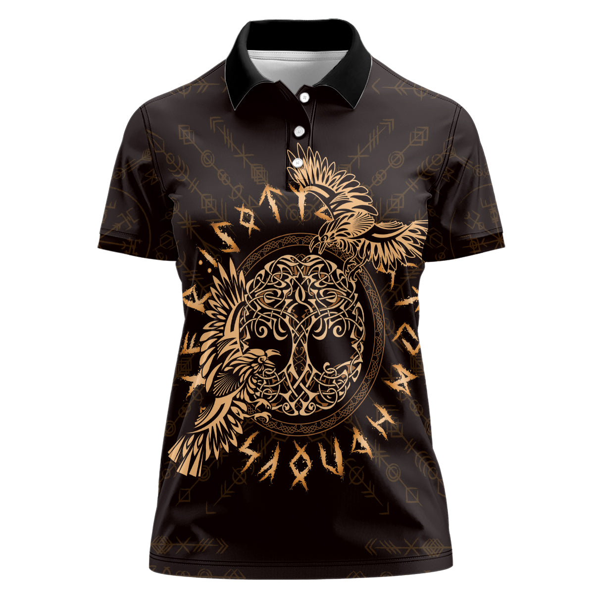 Personalized Odin's Celtic Raven Women Polo Shirt Gold Scandinavian Tattoo