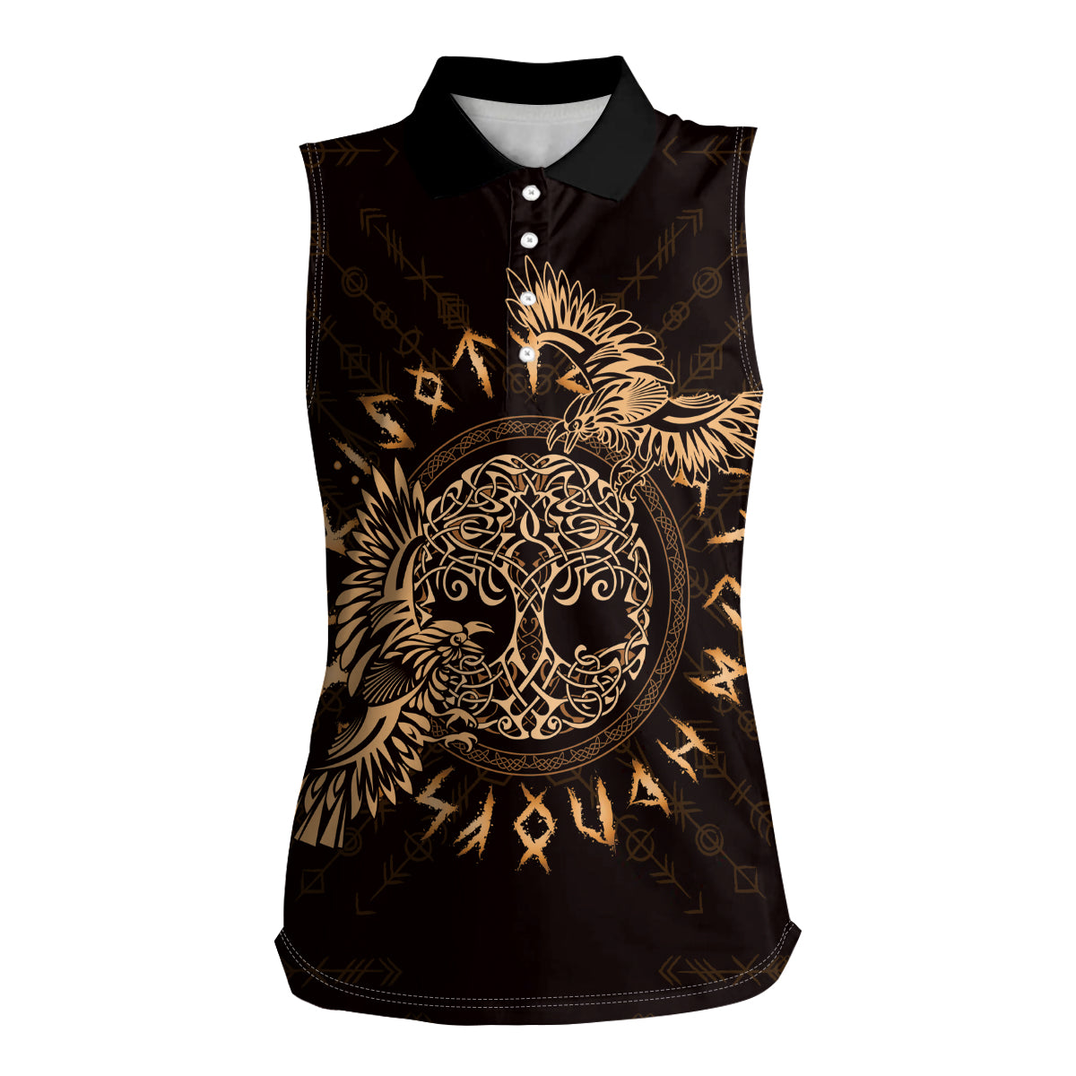 Personalized Odin's Celtic Raven Women Sleeveless Polo Shirt Gold Scandinavian Tattoo