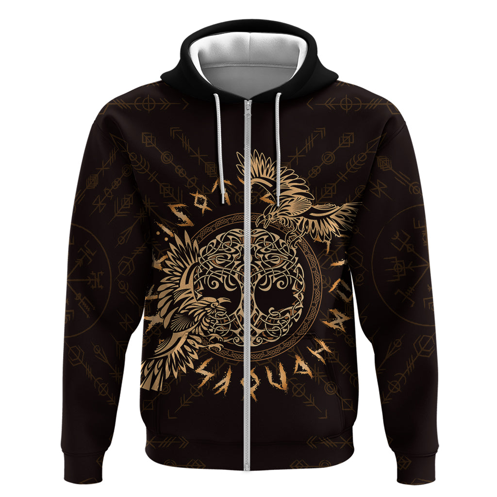 Personalized Odin's Celtic Raven Zip Hoodie Gold Scandinavian Tattoo