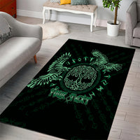 Black and green Celtic raven area rug with 'Your Text' lettering and rune pattern border