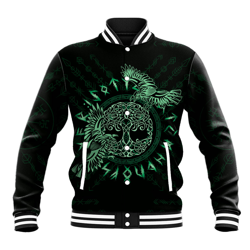 Black baseball jacket with green Celtic raven graphic, snap front, ribbed striped cuffs