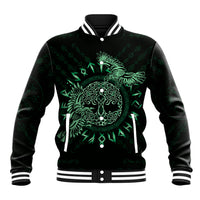 Black baseball jacket with green Celtic raven graphic, snap front, ribbed striped cuffs