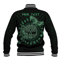Black baseball jacket back with green Celtic raven graphic and "Your Text" at neck
