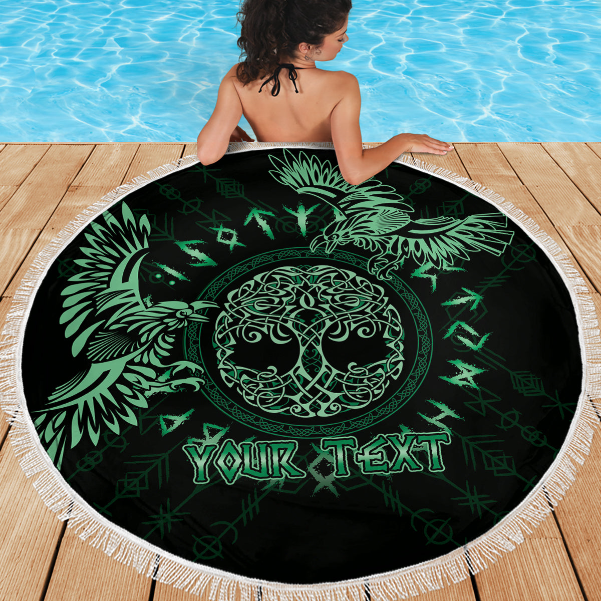 Round black beach blanket with white fringe, green Celtic raven and circular tree motif, YOUR TEXT