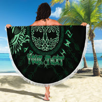 Round beach blanket with white fringe, black with green Celtic raven and tree, YOUR TEXT