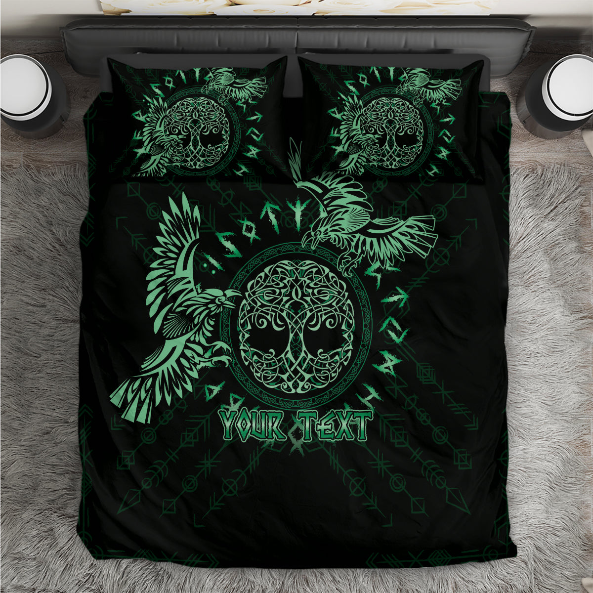 Black bedding set with green raven and Celtic designs, two matching pillowcases shown