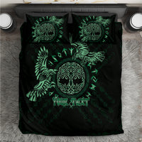 Black bedding set with green raven and Celtic designs, two matching pillowcases shown