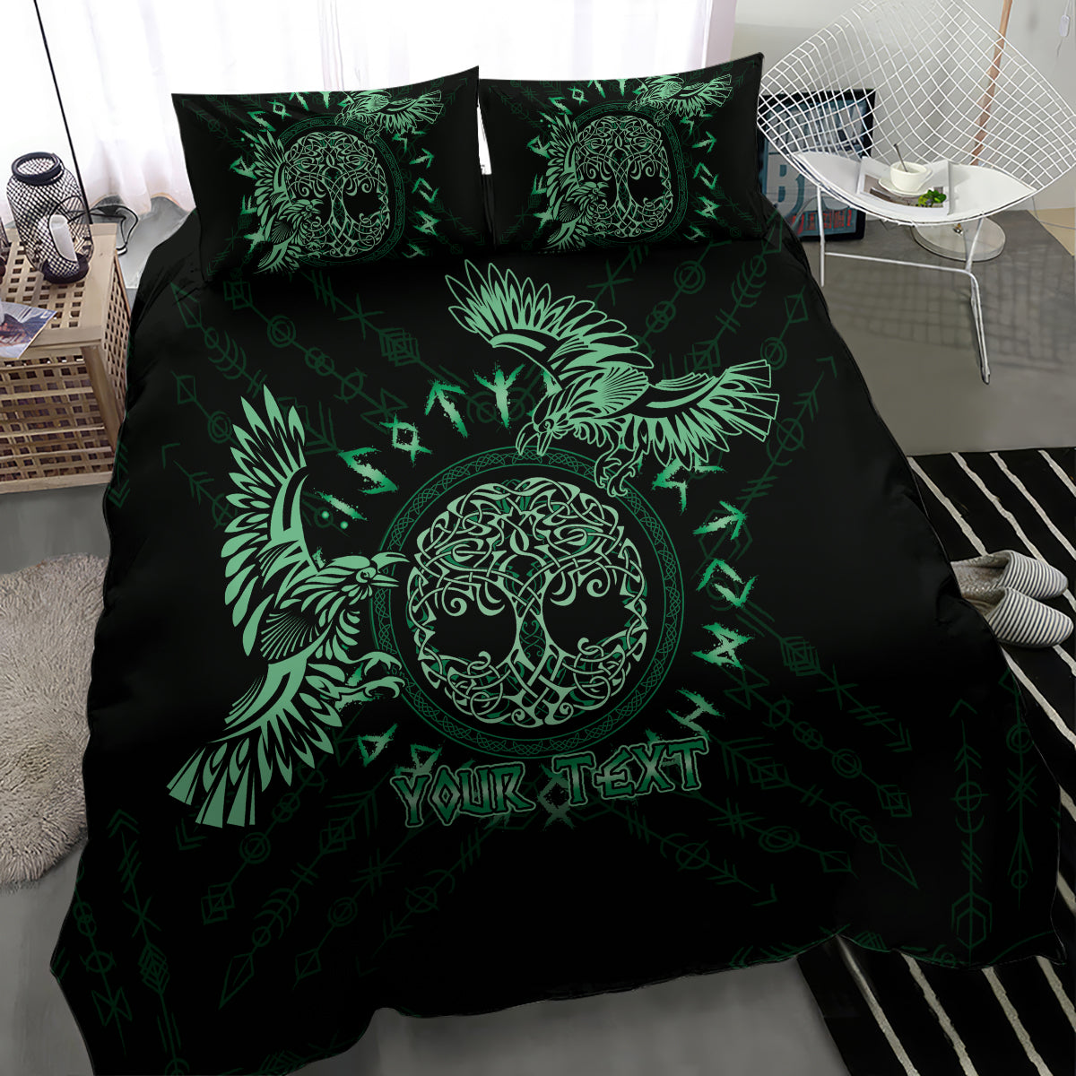 Black duvet cover with green Celtic raven and circular emblem, two matching pillowcases