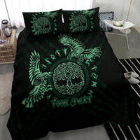 Black duvet cover with green Celtic raven and circular emblem, two matching pillowcases