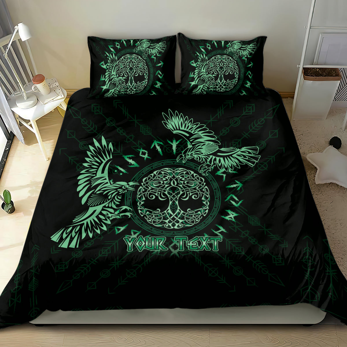 Black bedding set with green raven artwork and "YOUR TEXT" center, two matching pillowcases