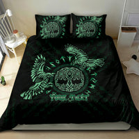 Black bedding set with green raven artwork and "YOUR TEXT" center, two matching pillowcases