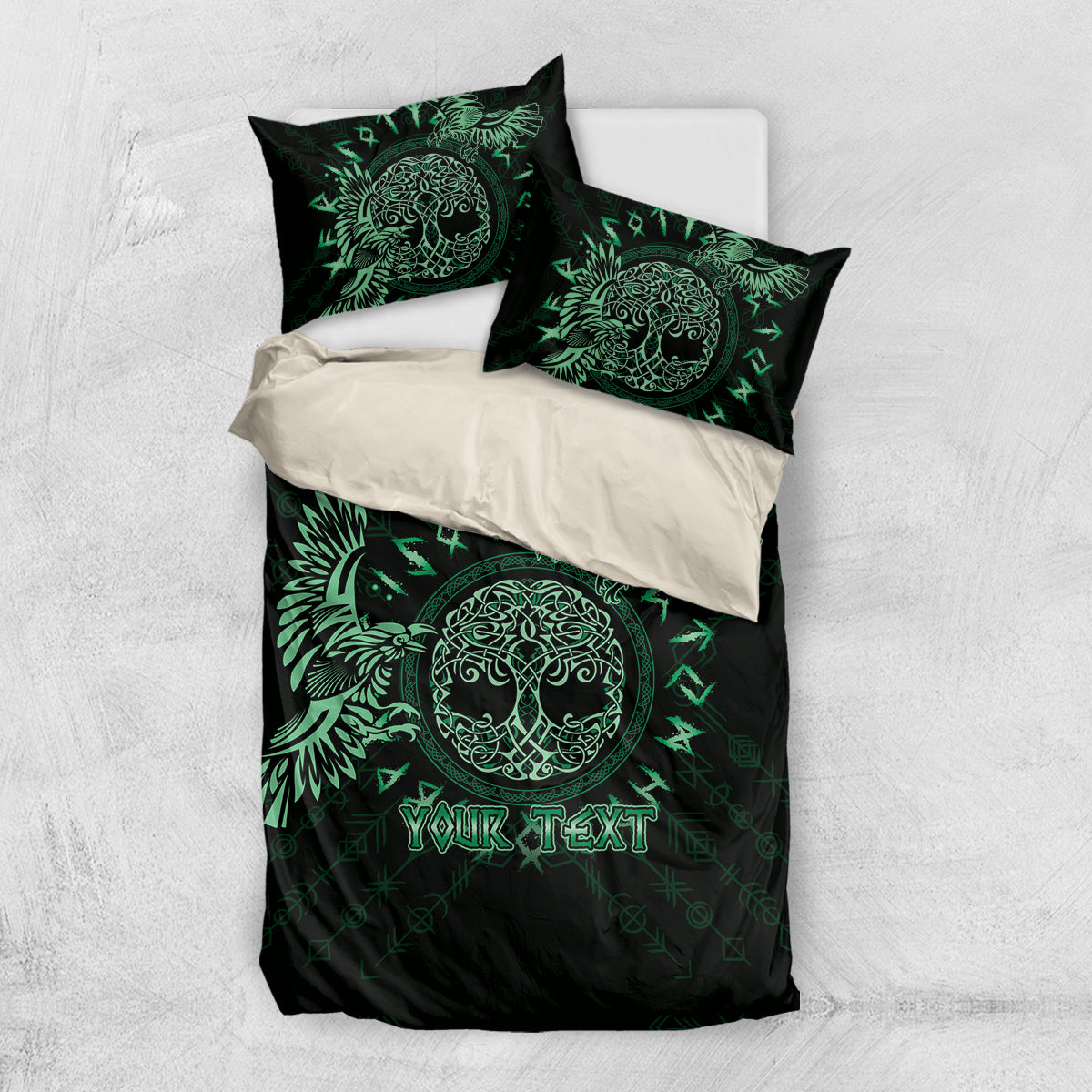 Green and black raven and Celtic tattoo bedding set with two matching pillowcases