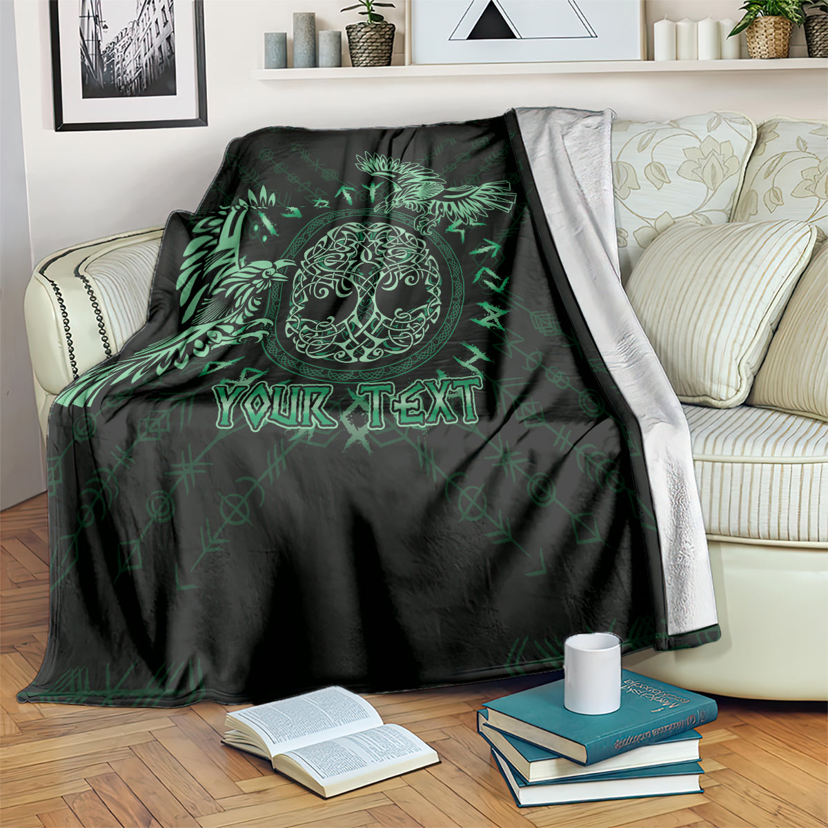 Personalized Odin's Celtic raven throw blanket, black with green raven and custom text
