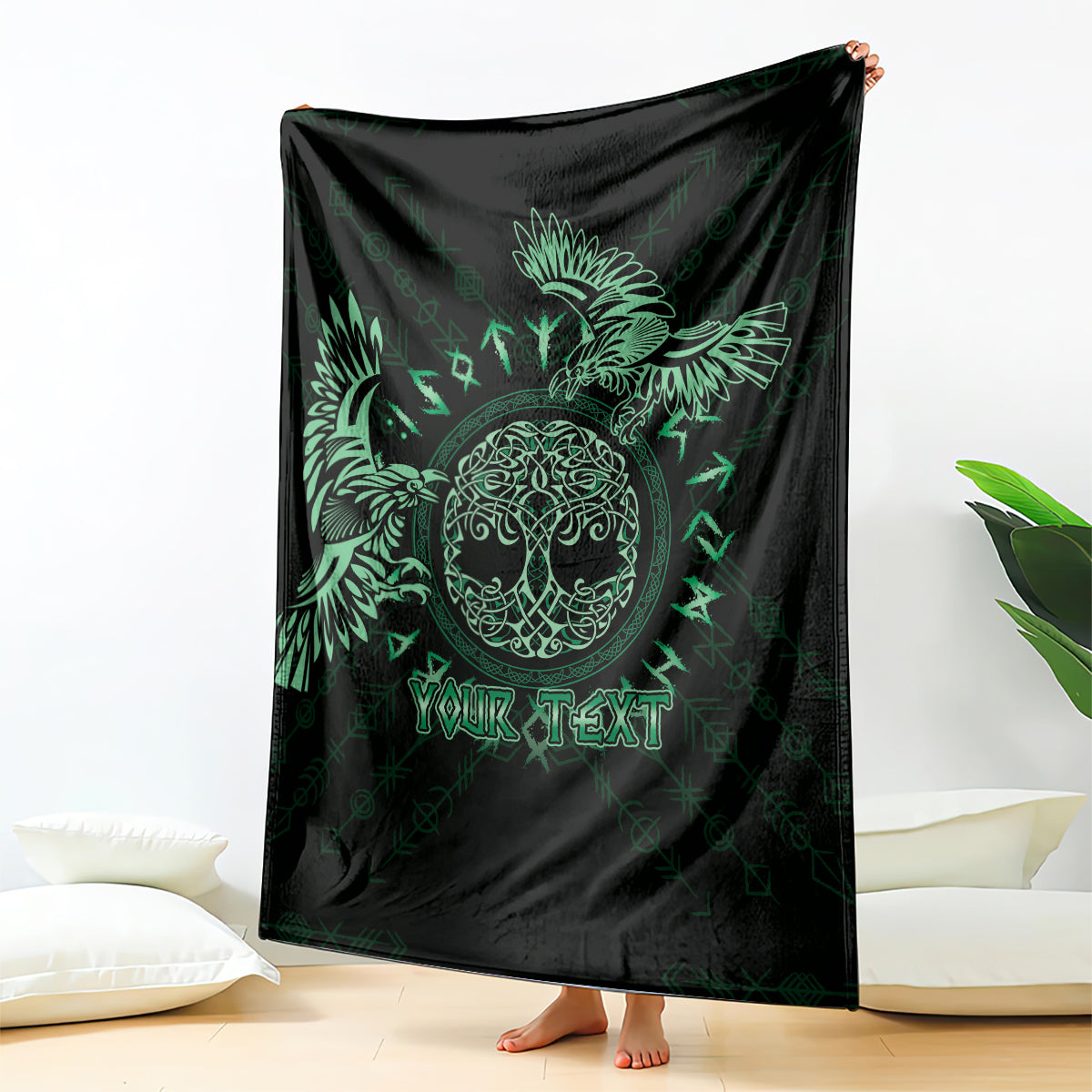 Personalized Odin's Celtic raven blanket, black with green raven graphic and custom text