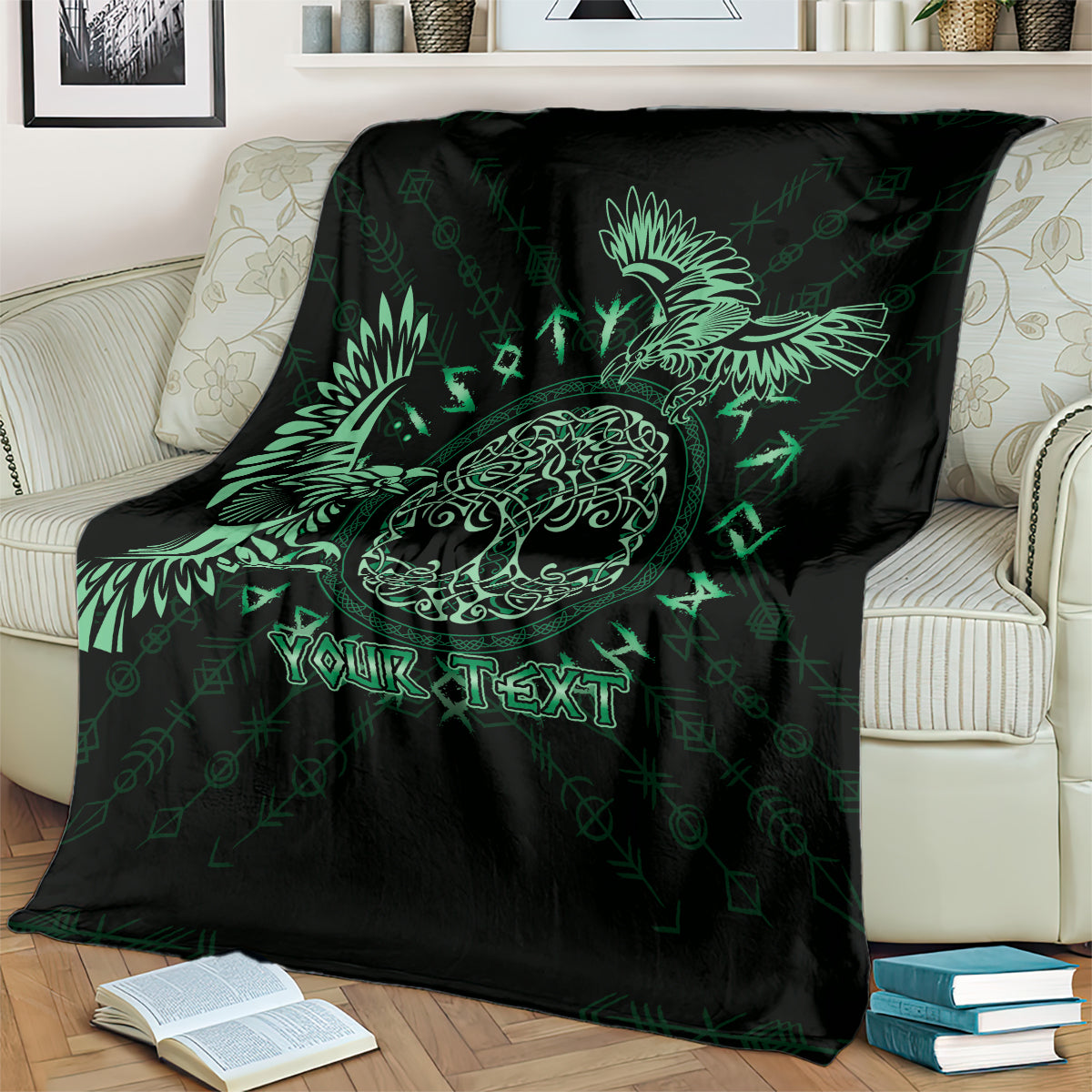 Personalized Odin's Celtic raven throw blanket, black with green raven emblem and custom text