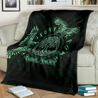 Personalized Odin's Celtic raven throw blanket, black with green raven emblem and custom text