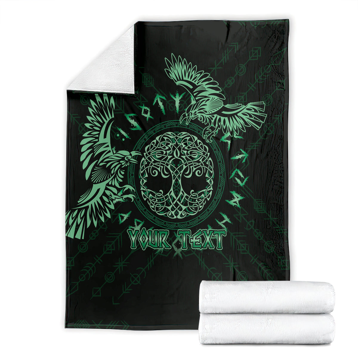 Personalized Odin's Celtic raven blanket with green raven graphic, black with custom text