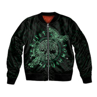 Black bomber jacket with green Celtic raven graphic, front zip closure, ribbed cuffs
