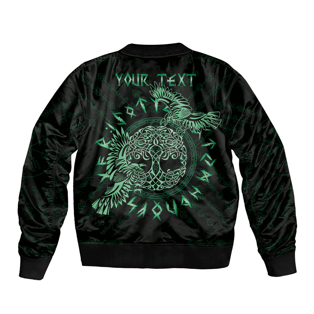 Black bomber jacket with green Celtic raven graphic on back, ribbed collar and cuffs