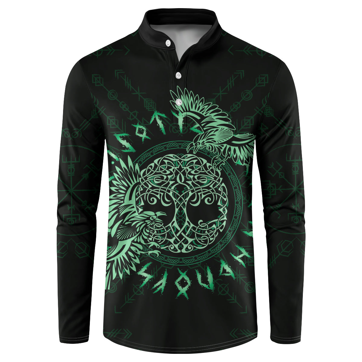 Dark green and black button henley sweatshirt with Celtic raven and tree graphic