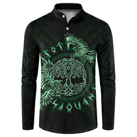 Dark green and black button henley sweatshirt with Celtic raven and tree graphic