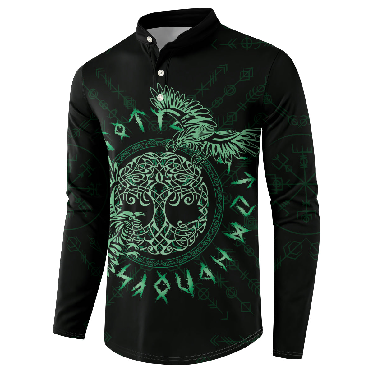 Dark button henley sweatshirt with green Celtic raven and tree crest graphic