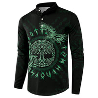 Dark button henley sweatshirt with green Celtic raven and tree crest graphic